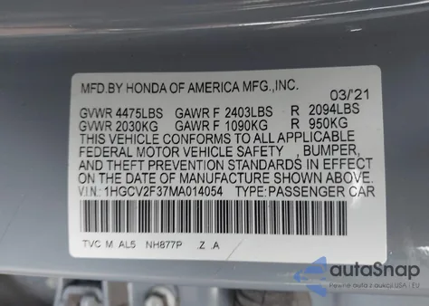 2021 Honda Accord Sport 2.0T из США, поврежденный, VIN 1HGCV2F37MA014054